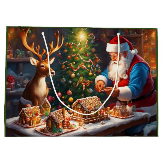 Grand Sac Cadeau Père Noël et rennes font maison de pain d'épices (Dos)