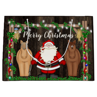 Grand Sac Cadeau Père Noël mignonne et Chevaux en Grange Joyeux Noë