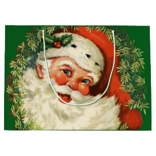 Grand Sac Cadeau Père Noël vintage avec couronne de pin