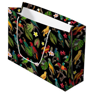 Grand Sac Cadeau Perroquets tropicaux colorés, Feuilles et fleurs