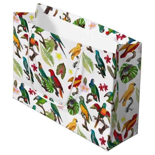 Grand Sac Cadeau Perroquets tropicaux colorés, Feuilles et fleurs (Devant Angle)
