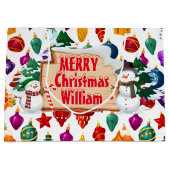 Grand Sac Cadeau Personalize Merry Christmas Snowmen Large Gift Bag (Devant)