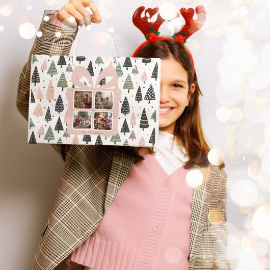 Grand Sac Cadeau Personalized Modern Pink Christmas Photo Gift Bag