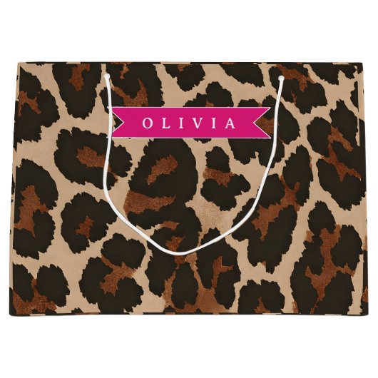 Grand Sac Cadeau Personalized Pink Leopard Print Chic Animal Print (Devant)