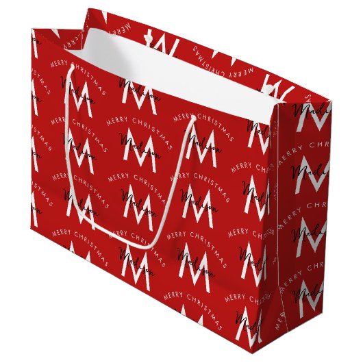 Grand Sac Cadeau Personnalisé moderne Joyeux Noël Monogramme rouge (Devant Angle)