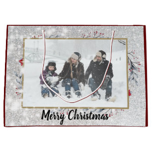 Grand Sac Cadeau Personnaliser Photo Merry Christmas Wreath