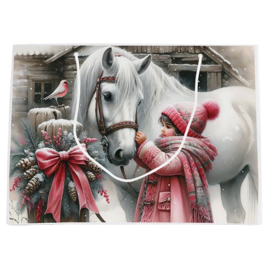 Grand Sac Cadeau Petite fille et son cheval Noël rustique (Devant)