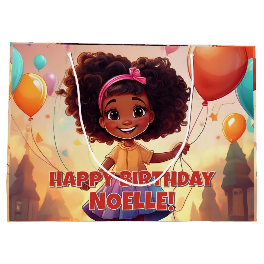 Grand Sac Cadeau Petite fille noire Fête d'anniversaire Ballons (Dos)