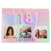 Grand Sac Cadeau photo 18e anniversaire rose violet holographique (Dos)