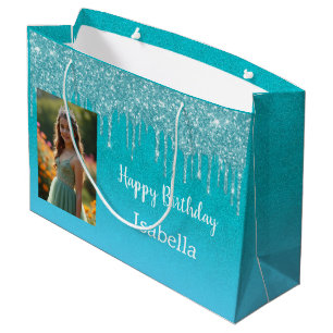 Grand Sac Cadeau Photo avec gouttes de paillettes bleu sarcelle d'a
