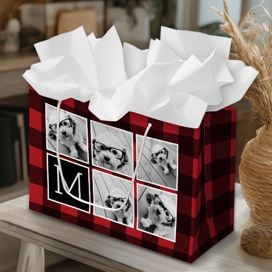 Grand Sac Cadeau Photo Collage - Monogramme Rouge Buffle Noir Plaid