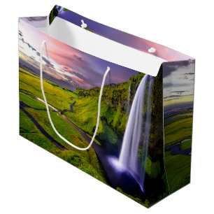 Grand Sac Cadeau Photo de cascade islandaise verte et naturelle