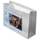 Grand Sac Cadeau Photo de flocon bleu argent de Noël (Devant Angle)