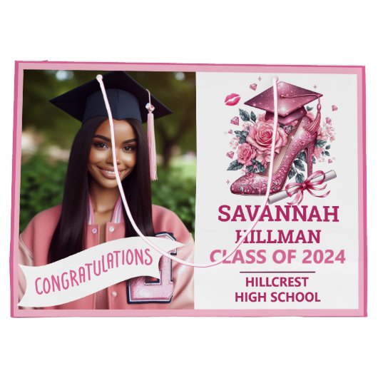 Grand Sac Cadeau Photo Fille Rose Personnalisée Diplôme de luxe (Dos)