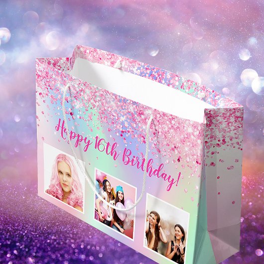 Grand Sac Cadeau photo holographique rose vif d'anniversaire
