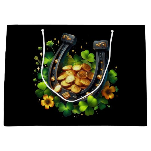 Grand Sac Cadeau Pièces en or Lucky Horseshoe et Clover (Devant)