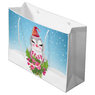 Grand Sac Cadeau Pingouin de Noël mignon à Santa Hat