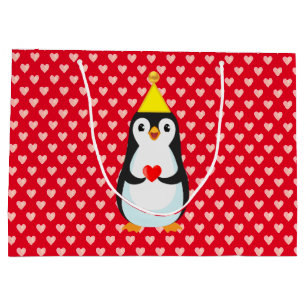 Grand Sac Cadeau Pingouin mignon avec coeur sur rouge
