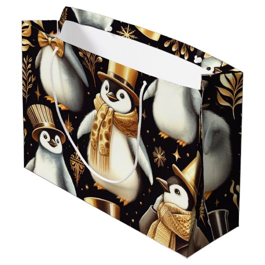 Grand Sac Cadeau Pingouin noir et doré (Dos Angle)