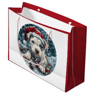 Grand Sac Cadeau Pit Bull de Noël en Père Noël Chiot
