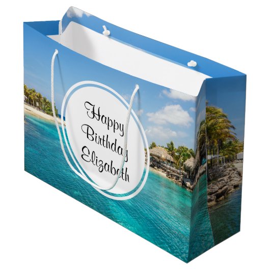 Grand Sac Cadeau Plage tropicale pittoresque avec huttes de chaume  (Devant Angle)