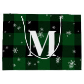 Grand Sac Cadeau Plaid Vert & Flocons Monogramme Initial Hiver (Dos)