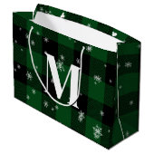 Grand Sac Cadeau Plaid Vert & Flocons Monogramme Initial Hiver (Dos Angle)