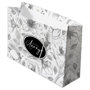 Grand Sac Cadeau Plan floral esquissé Motif gris/Wht ID939