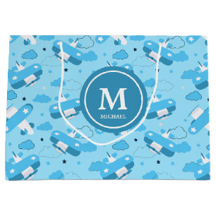 Grand Sac Cadeau Planes et nuages Bleus et Blancs mignons Monogramm
