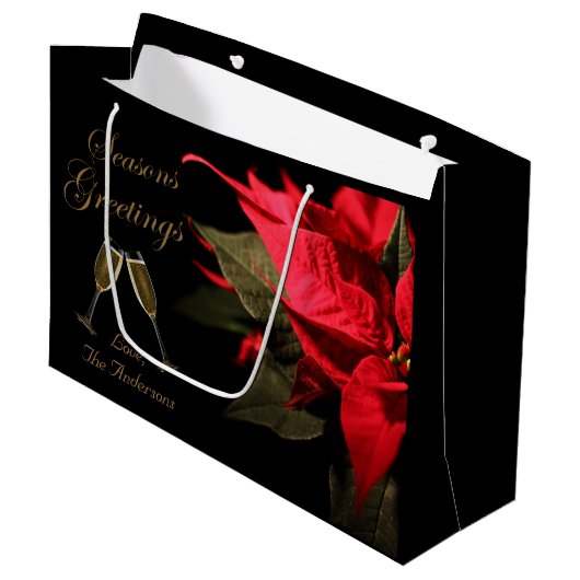 Grand Sac Cadeau Poinsettia et Champagne Elégant Personnalisé (Devant Angle)