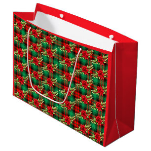 Grand Sac Cadeau Poinsettias Plaid Noël Et Grand Cadeau Feuille