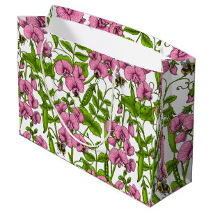 Grand Sac Cadeau Pois doux et bourdons, rose, vert et blanc