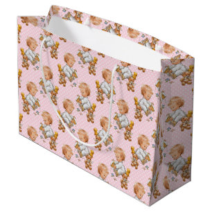 Grand Sac Cadeau Pois ROSE & BLANC AVEC BÉBÉ CUTE JOUER