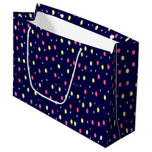 Grand Sac Cadeau Pois roses et jaunes sur bleu marine