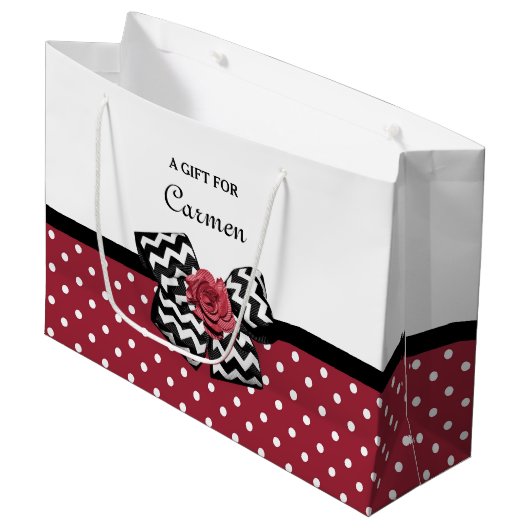 Grand Sac Cadeau Pois rouge et blanc mignon Rose Chevron Bow (Devant Angle)