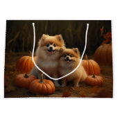 Grand Sac Cadeau Poméranien Chiot Automne Citrouille délice (Devant)