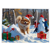 Grand Sac Cadeau Poméranien en neige avec Casquette de Noël (Dos)