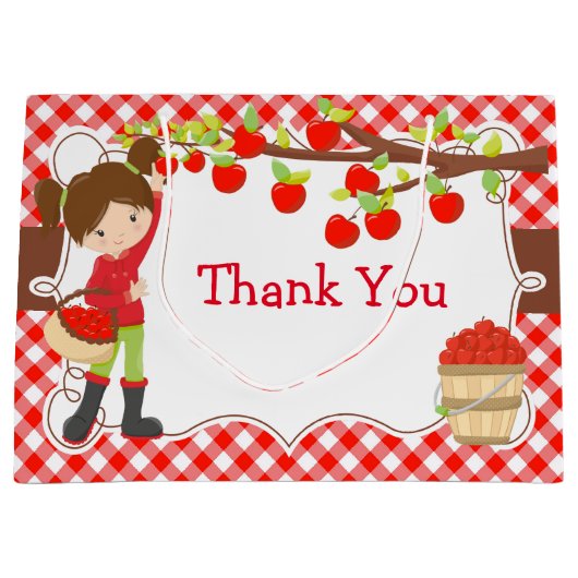 Grand Sac Cadeau Pomme cueillir Brunette Fille fête d'anniversaire (Devant)