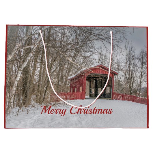 Grand Sac Cadeau Pont couvert Neige rouge Photo Noël (Dos)