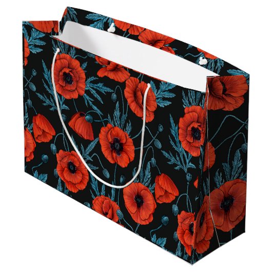 Grand Sac Cadeau Poppies, rouge et bleu sur noir (Dos Angle)