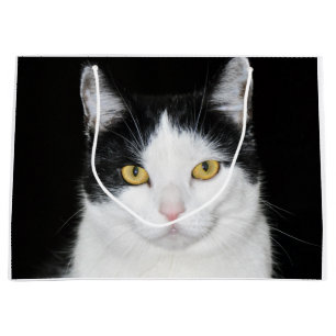 Grand Sac Cadeau Portrait de chat noir et blanc