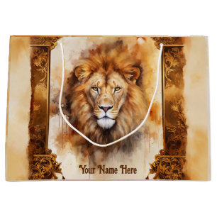 Grand Sac Cadeau Portrait de Lion couleur Aquarelle de luxe avec ca