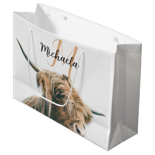 Grand Sac Cadeau Portrait de vache Highland nom personnalisé monogr
