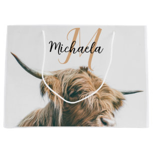 Grand Sac Cadeau Portrait de vache Highland nom personnalisé monogr