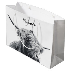 Grand Sac Cadeau Portrait de vache Highland premier monogramme noir