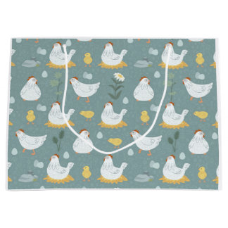 Grand Sac Cadeau Poules rêvant dans le poulailler en bleu sarcelle