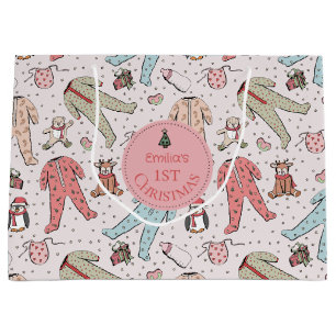 Grand Sac Cadeau Premier Noël personnalisé pour bébé rose mignon
