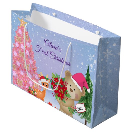 Grand Sac Cadeau Premier ours de Noël du bébé personnalisé (Devant Angle)