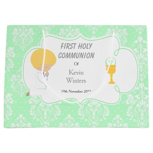 Grand Sac Cadeau Première Communion Blonde Boy Green Damask (Devant)