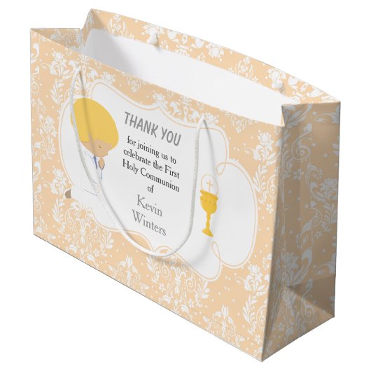 Grand Sac Cadeau Première Communion Blonde Boy Peach Damask (Dos Angle)
